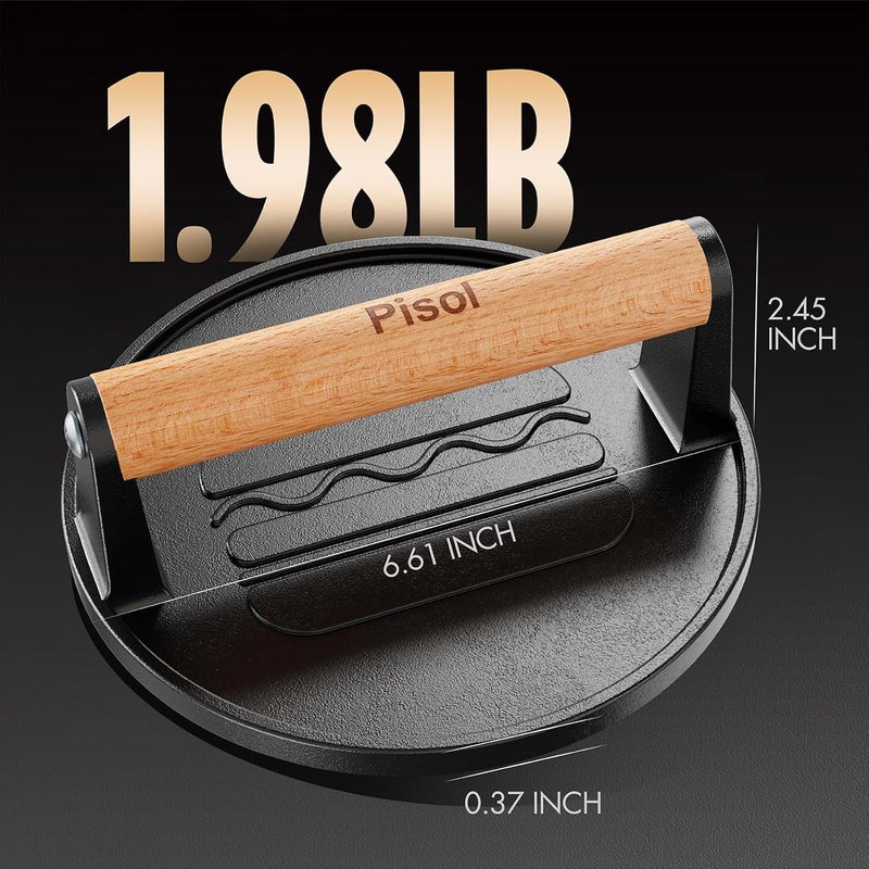 Pisol Smash Burger Press, Pre-Seasoned Cast Iron Hamburger Smasher, 2 lb Heavy-Duty Grill Bacon Meat Press Tool with Wood Handle, 6.6” - Image 4